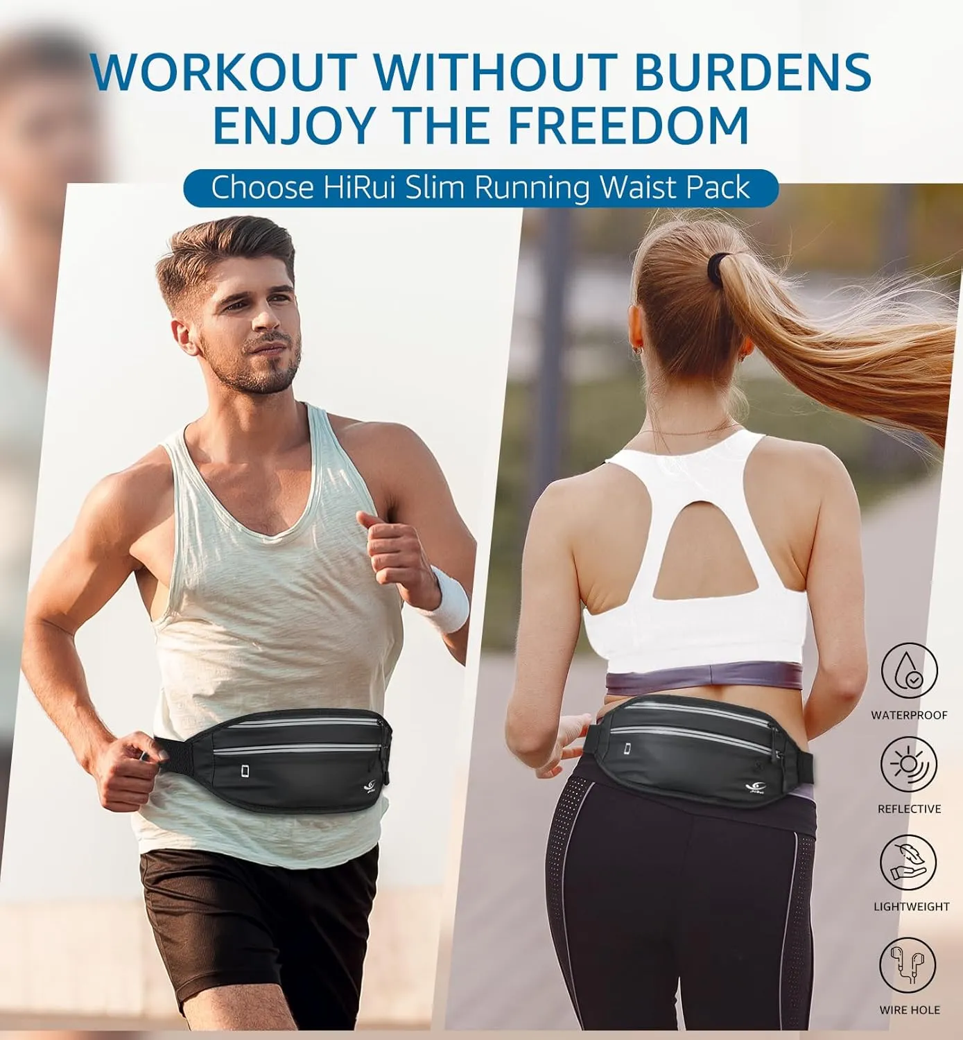 HiRui Slim Fanny Pack for Men Women, Adjustable Exercise Waist Pack Reflective Running Belt for Sports Workout Cycling Hiking, Casual Hands-Free Wallets Phone Bag Fits All Phones (Black)