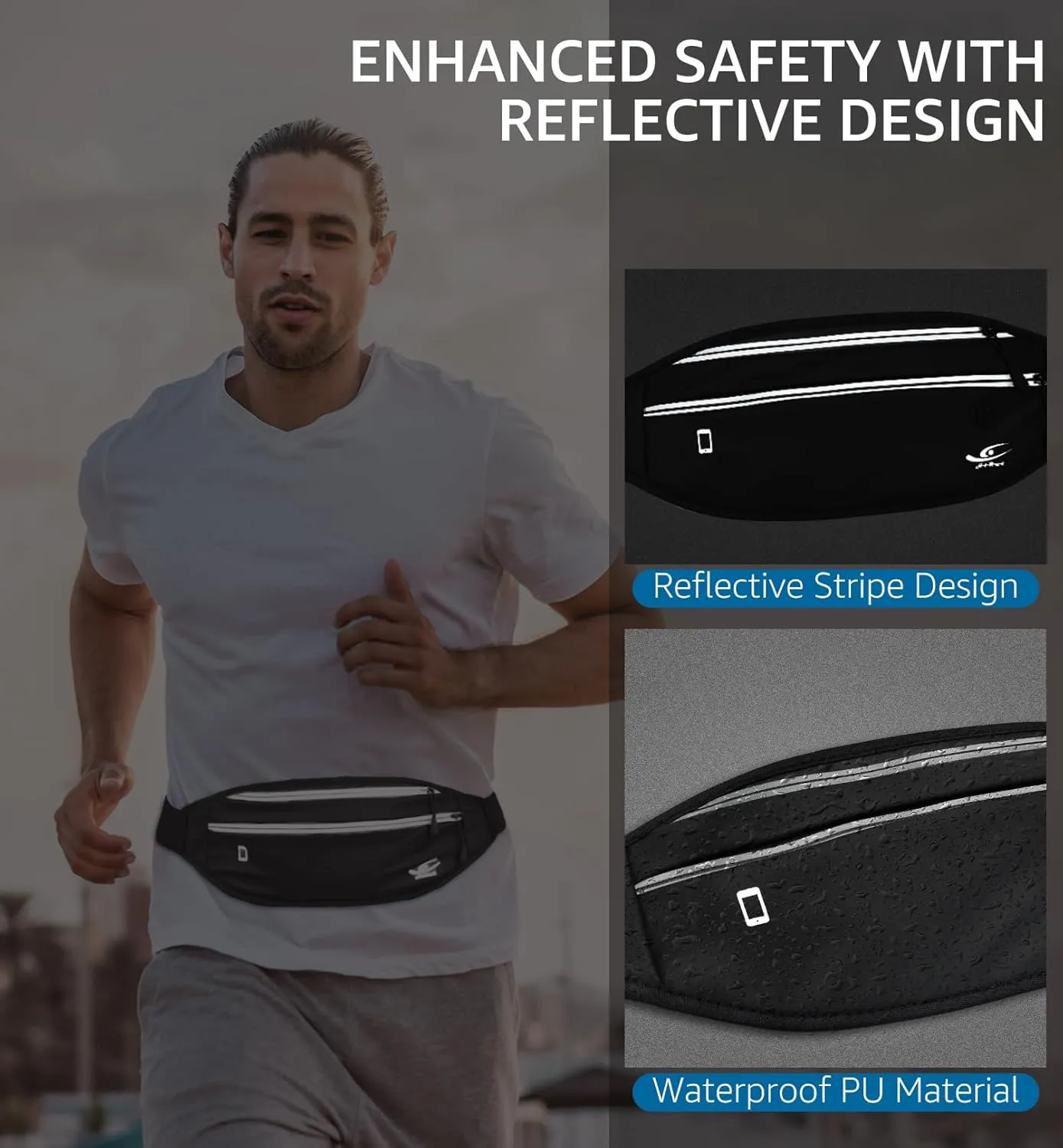 HiRui Slim Fanny Pack for Men Women, Adjustable Exercise Waist Pack Reflective Running Belt for Sports Workout Cycling Hiking, Casual Hands-Free Wallets Phone Bag Fits All Phones (Black)