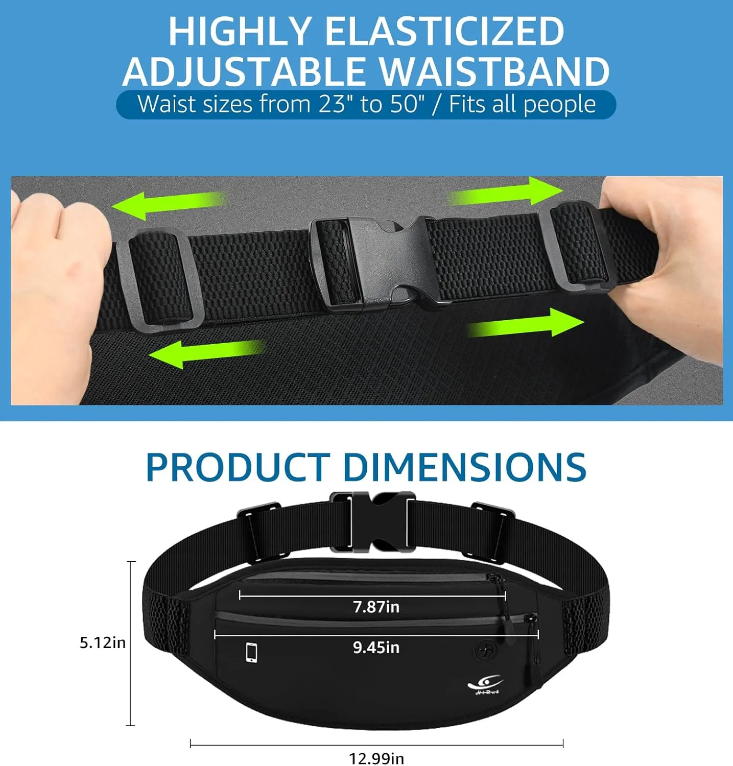 HiRui Slim Fanny Pack for Men Women, Adjustable Exercise Waist Pack Reflective Running Belt for Sports Workout Cycling Hiking, Casual Hands-Free Wallets Phone Bag Fits All Phones (Black)