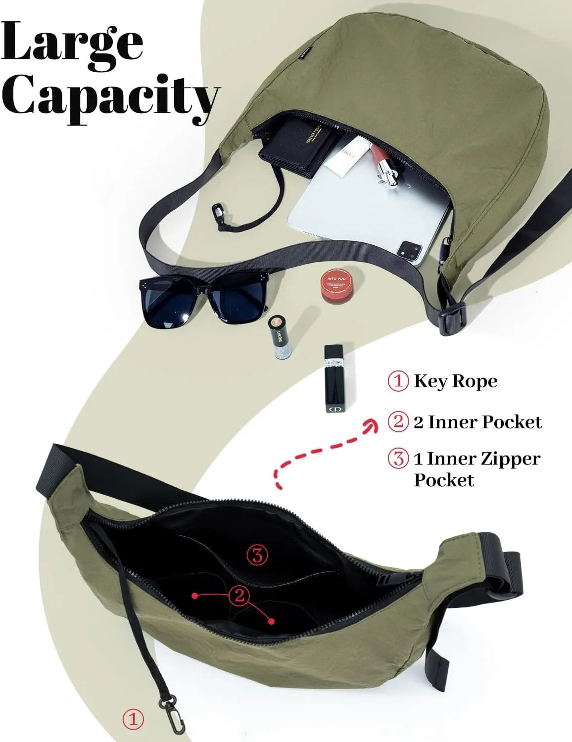 Iioscre Medium Crossbody Crescent Bag for Women Men Trendy, Nylon Crossbody Hobo Bag with Adjustable Strap and Inner Pockets.