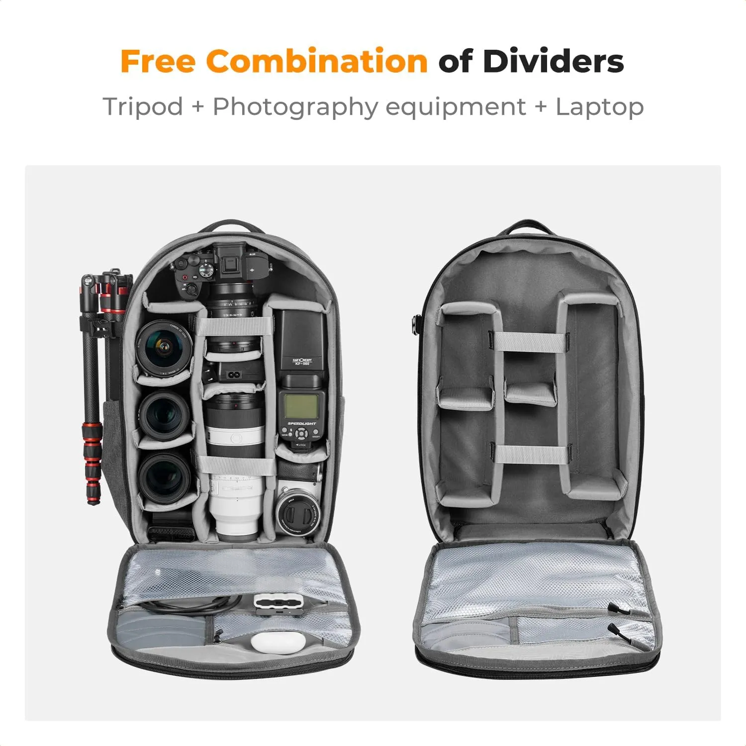 K&F Concept Camera Backpack for Photographers - Multi-Functional Travel Bag with Tripod, Lens, Accessory & Laptop Compartment, Rain Cover, Waterproof