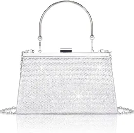 Larcenciel Women's Evening Handbags, Sparkly Top-Handle Rhinestone Purse w/Chain, Fashion Diamond Silver Clutch Cross Body Bag for Prom, Party, Wedding, Cocktail, Date, Formal Events,9.8x4.5x2.7inches