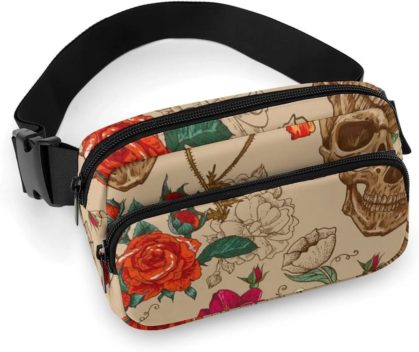 Mexican Sugar Skull Flowers Fashion Fanny Pack Belt Bag Crossbody Bags for Women Men Waist Bag with Adjustable Strap