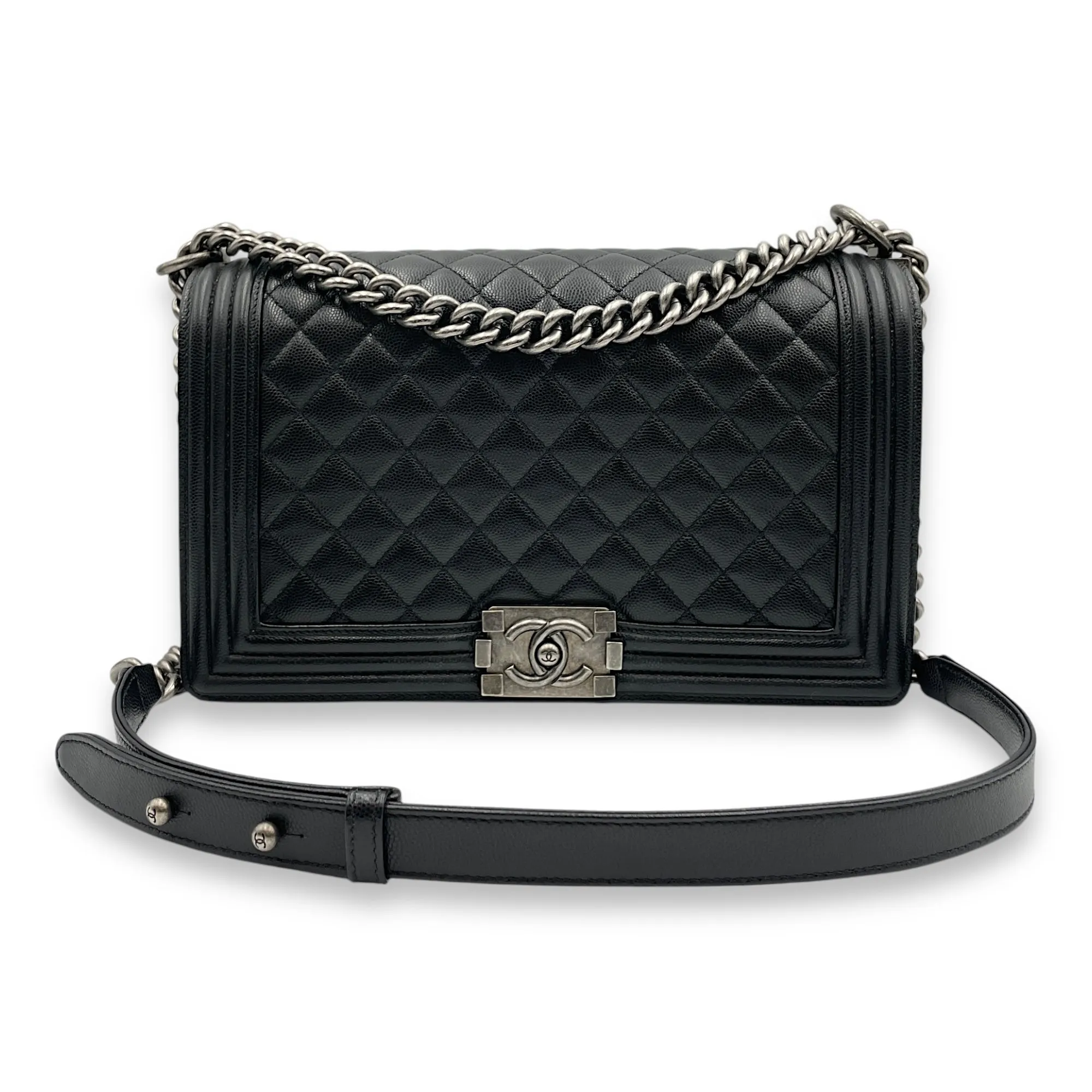 Quilted Boy (28cm) Medium Black Crossbody Bag in Caviar Leather, Ruthenium hardware