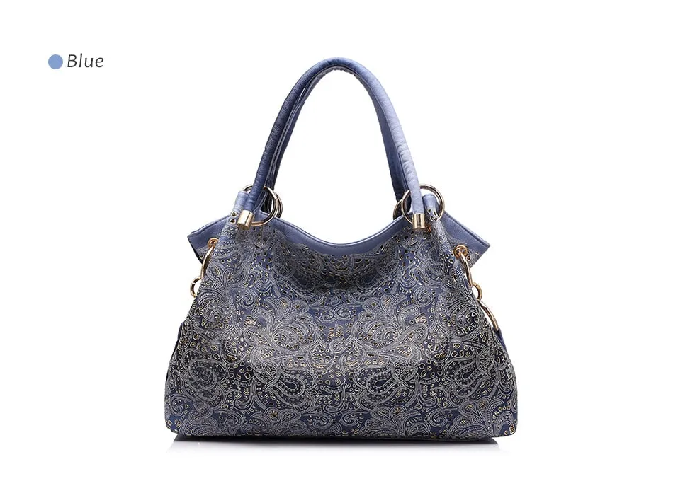 REALER brand women bag hollow out ombre handbag floral print shoulder bags ladies pu leather tote bag red/gray/blue