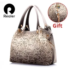 REALER brand women bag hollow out ombre handbag floral print shoulder bags ladies pu leather tote bag red/gray/blue