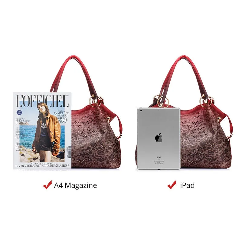 REALER brand women bag hollow out ombre handbag floral print shoulder bags ladies pu leather tote bag red/gray/blue