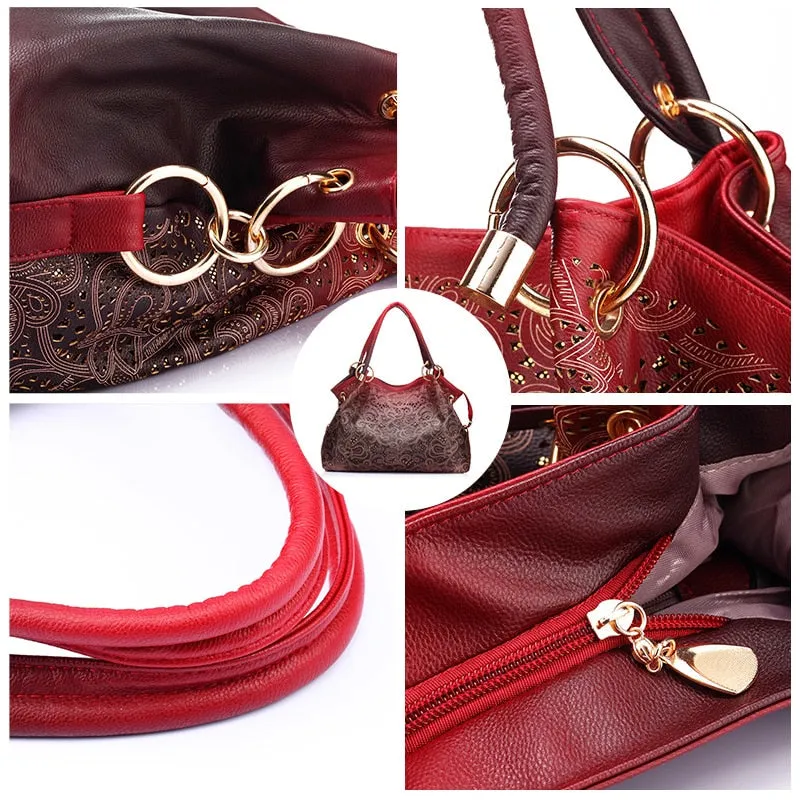 REALER brand women bag hollow out ombre handbag floral print shoulder bags ladies pu leather tote bag red/gray/blue