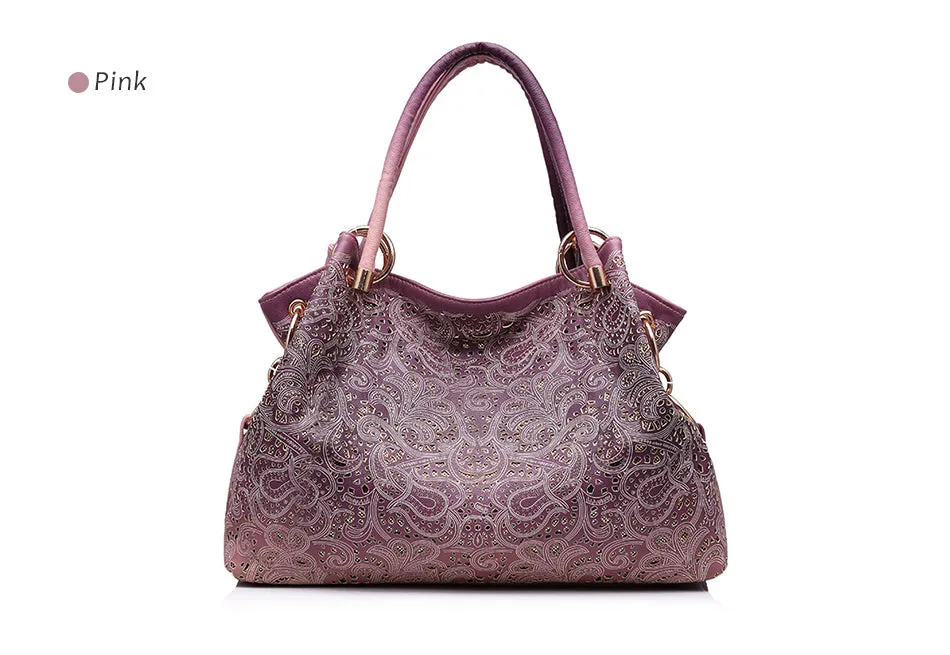 REALER brand women bag hollow out ombre handbag floral print shoulder bags ladies pu leather tote bag red/gray/blue