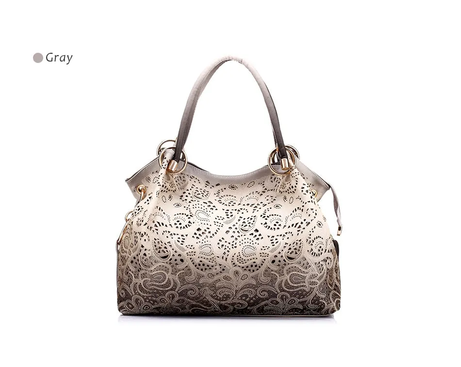 REALER brand women bag hollow out ombre handbag floral print shoulder bags ladies pu leather tote bag red/gray/blue