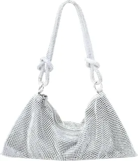 Rhinestone Purse Silver Hobo Purse Sparkly Black Evening Bag for Women Prom Party Wedding