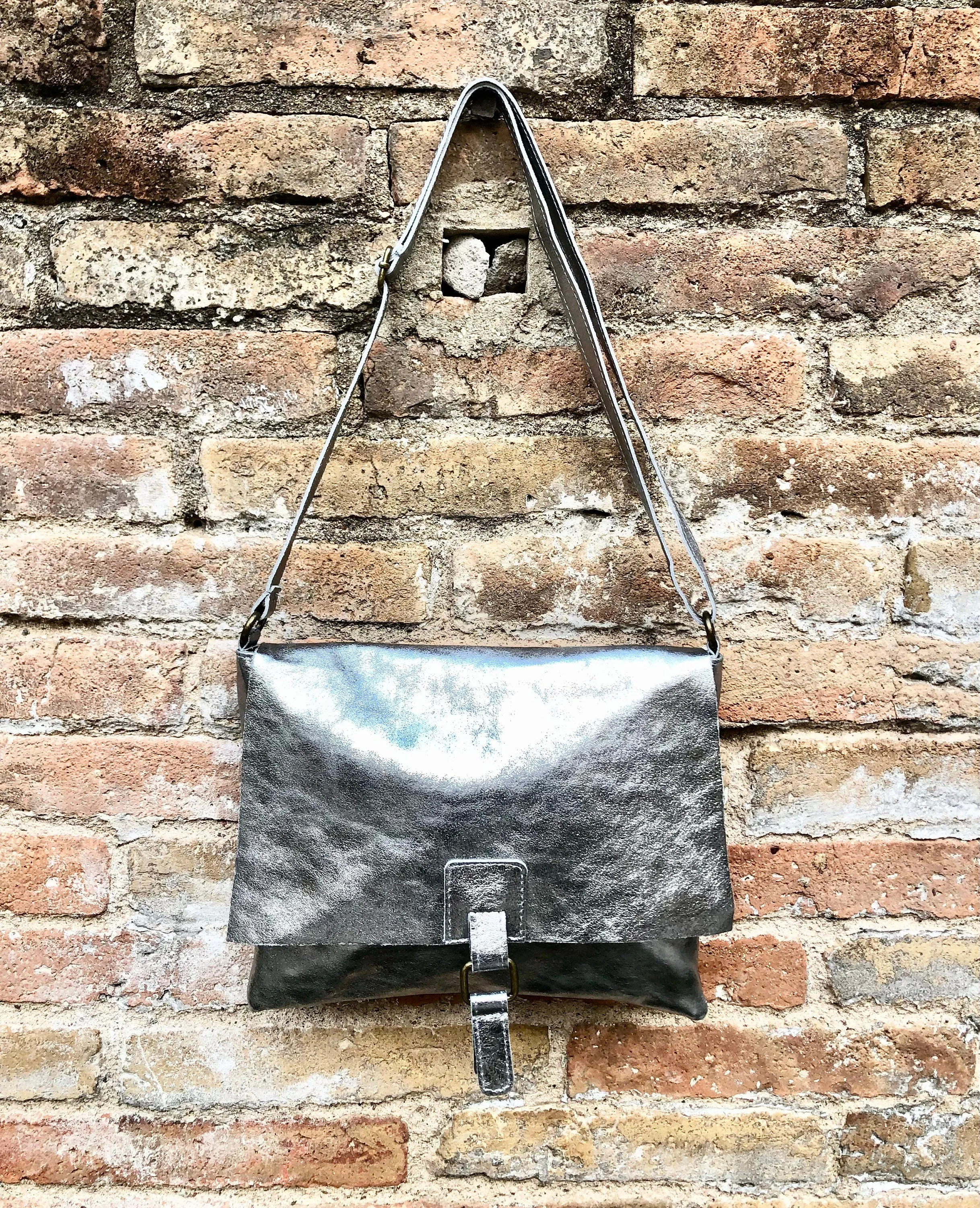 Silver color crossbody leather bag. Soft genuine laminated leather bag. Silver messenger. Silver purse with zipper, flap   adjustable strap.
