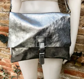 Silver color crossbody leather bag. Soft genuine laminated leather bag. Silver messenger. Silver purse with zipper, flap   adjustable strap.