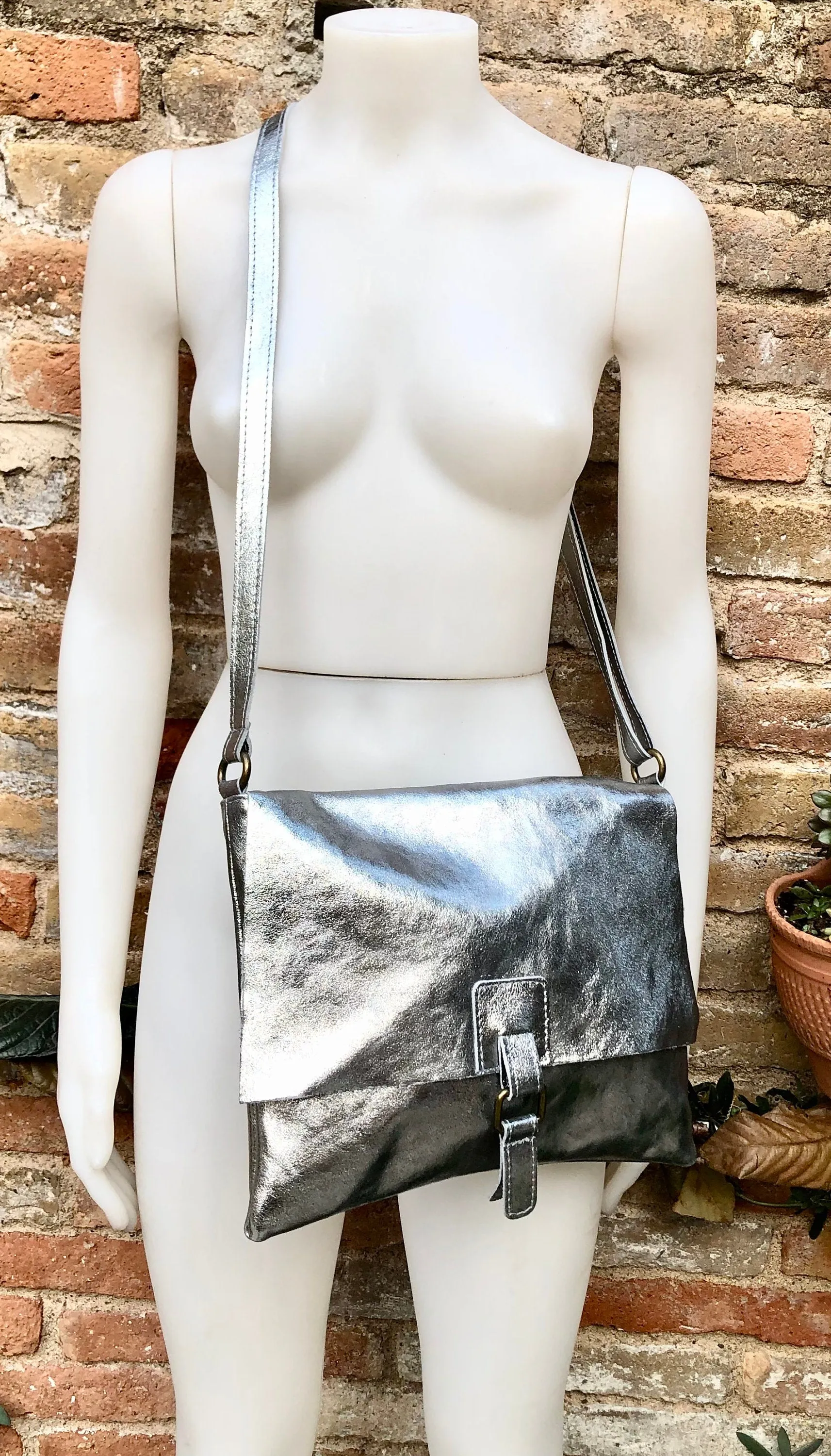 Silver color crossbody leather bag. Soft genuine laminated leather bag. Silver messenger. Silver purse with zipper, flap   adjustable strap.