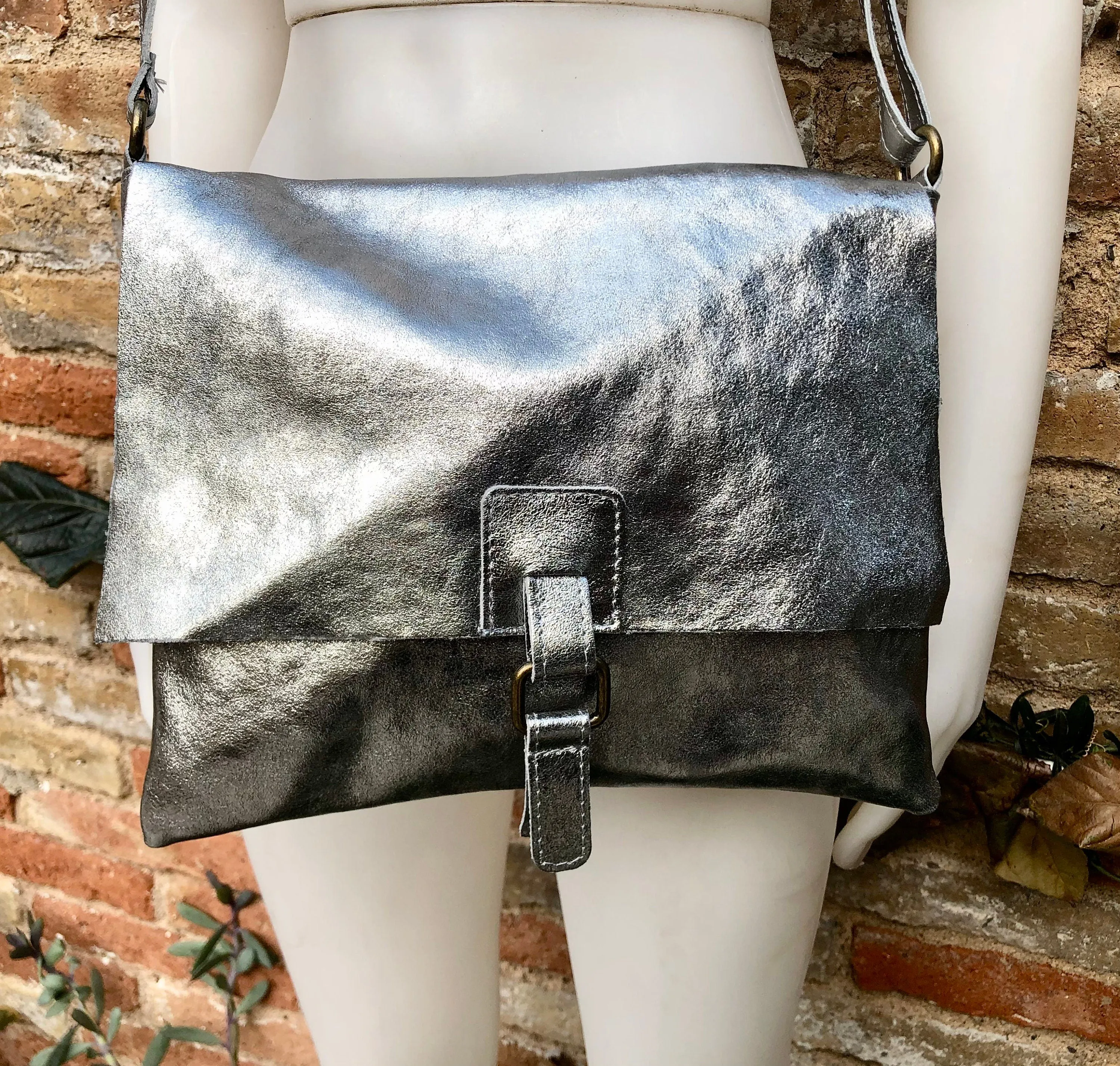 Silver color crossbody leather bag. Soft genuine laminated leather bag. Silver messenger. Silver purse with zipper, flap   adjustable strap.