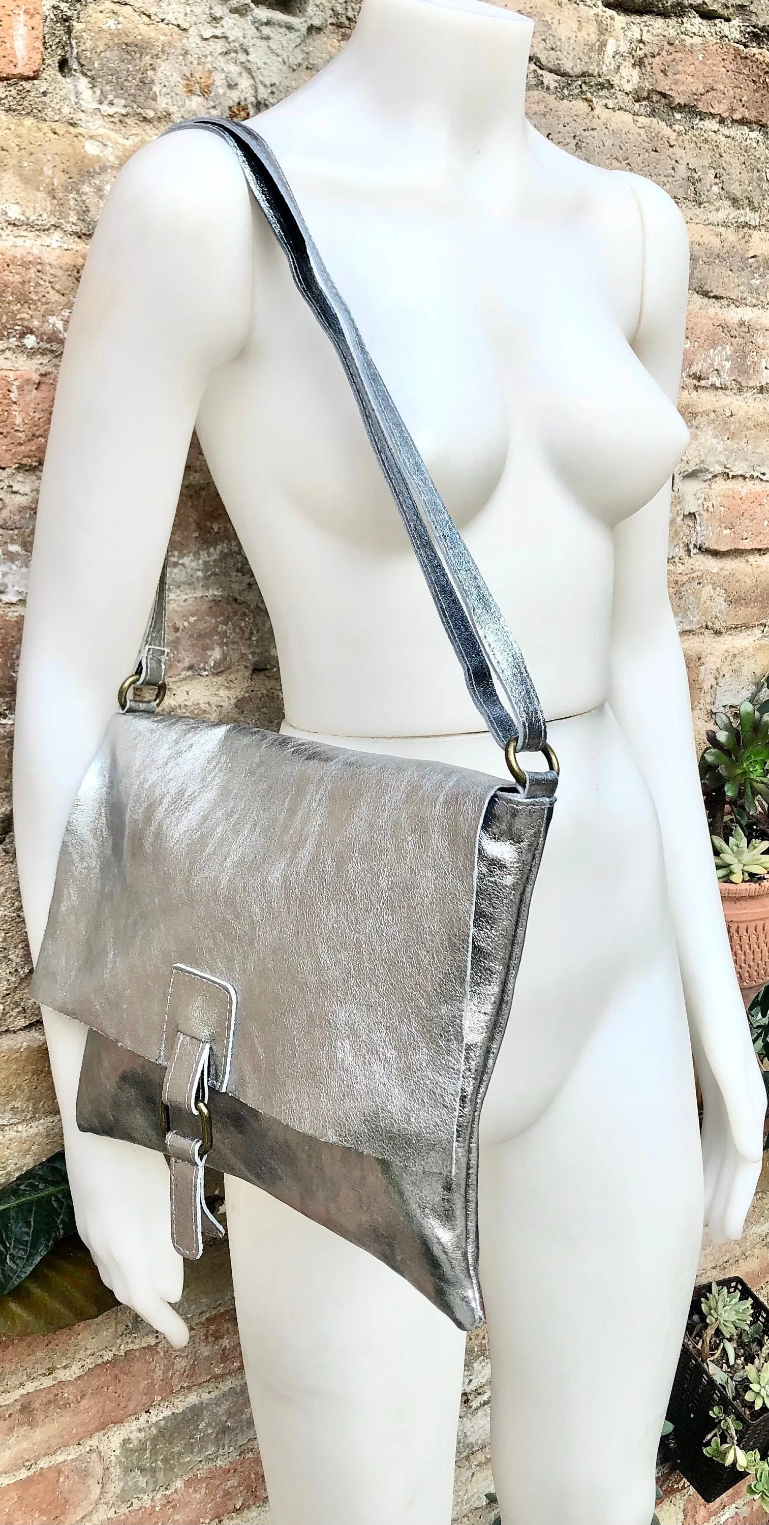 Silver color crossbody leather bag. Soft genuine laminated leather bag. Silver messenger. Silver purse with zipper, flap   adjustable strap.