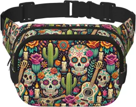 Square Sugar-Skulls-Guitars Double-Layer Sport Fanny Pack Waist Pack Large Crossbody Waist Bag For Running Travel Walking