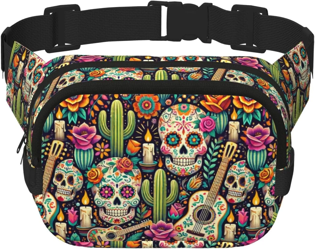 Square Sugar-Skulls-Guitars Double-Layer Sport Fanny Pack Waist Pack Large Crossbody Waist Bag For Running Travel Walking