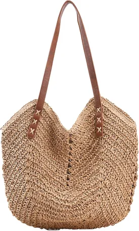 Straw Beach Bags for Women Summer Beach Tote Bag With Zipper Large Soft Woven Straw Shoulder Summer Vacation Purse