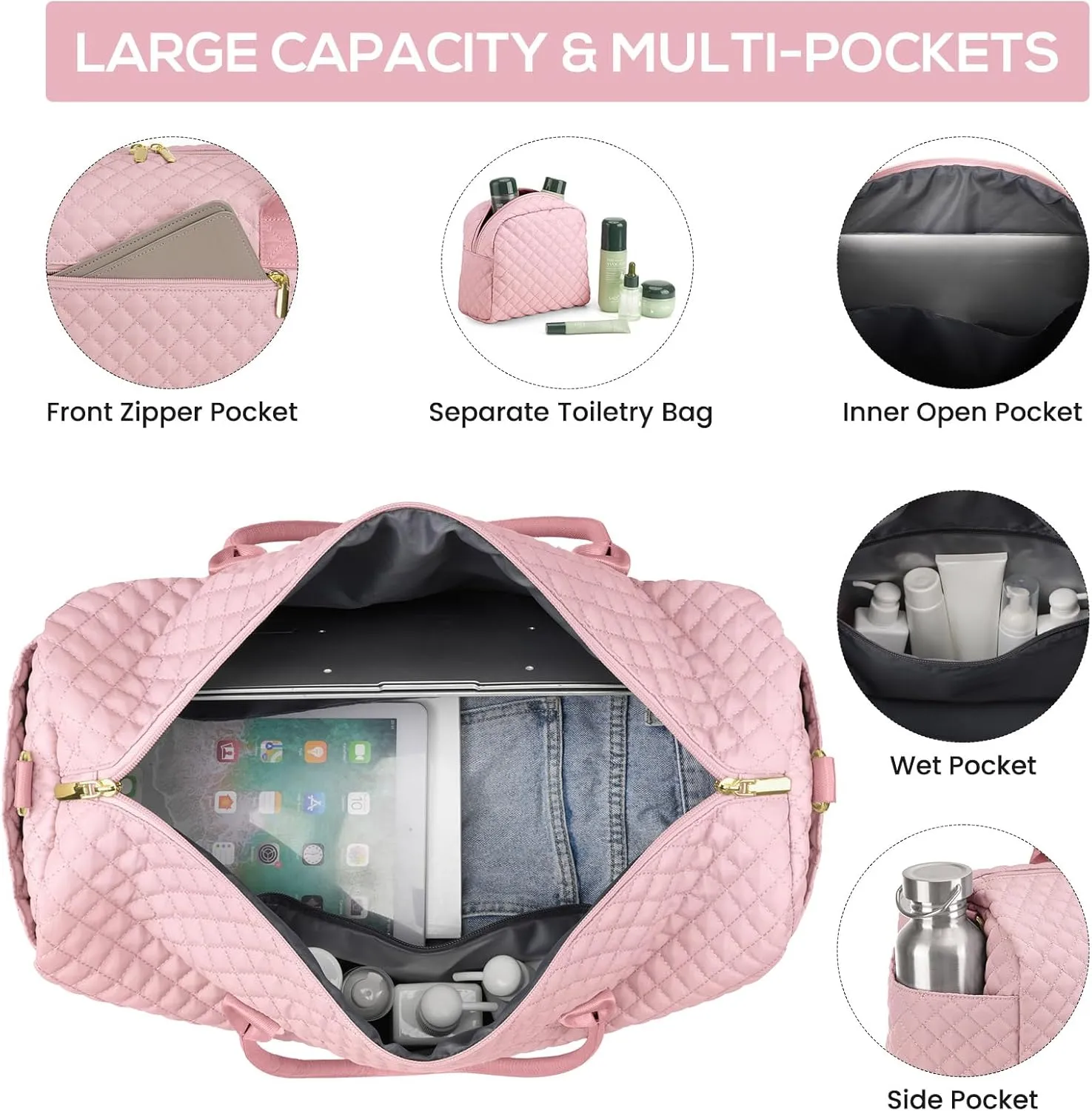Travel Duffle Bag for Women Weekender Overnight Bag with Shoe Compartment with Gym with Wet Pocket for Labor and Delivery 3 Pcs Set Pink