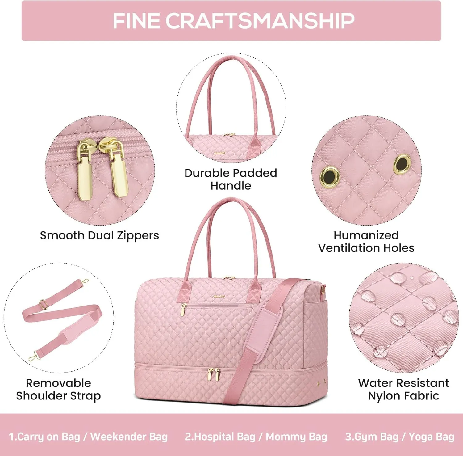 Travel Duffle Bag for Women Weekender Overnight Bag with Shoe Compartment with Gym with Wet Pocket for Labor and Delivery 3 Pcs Set Pink