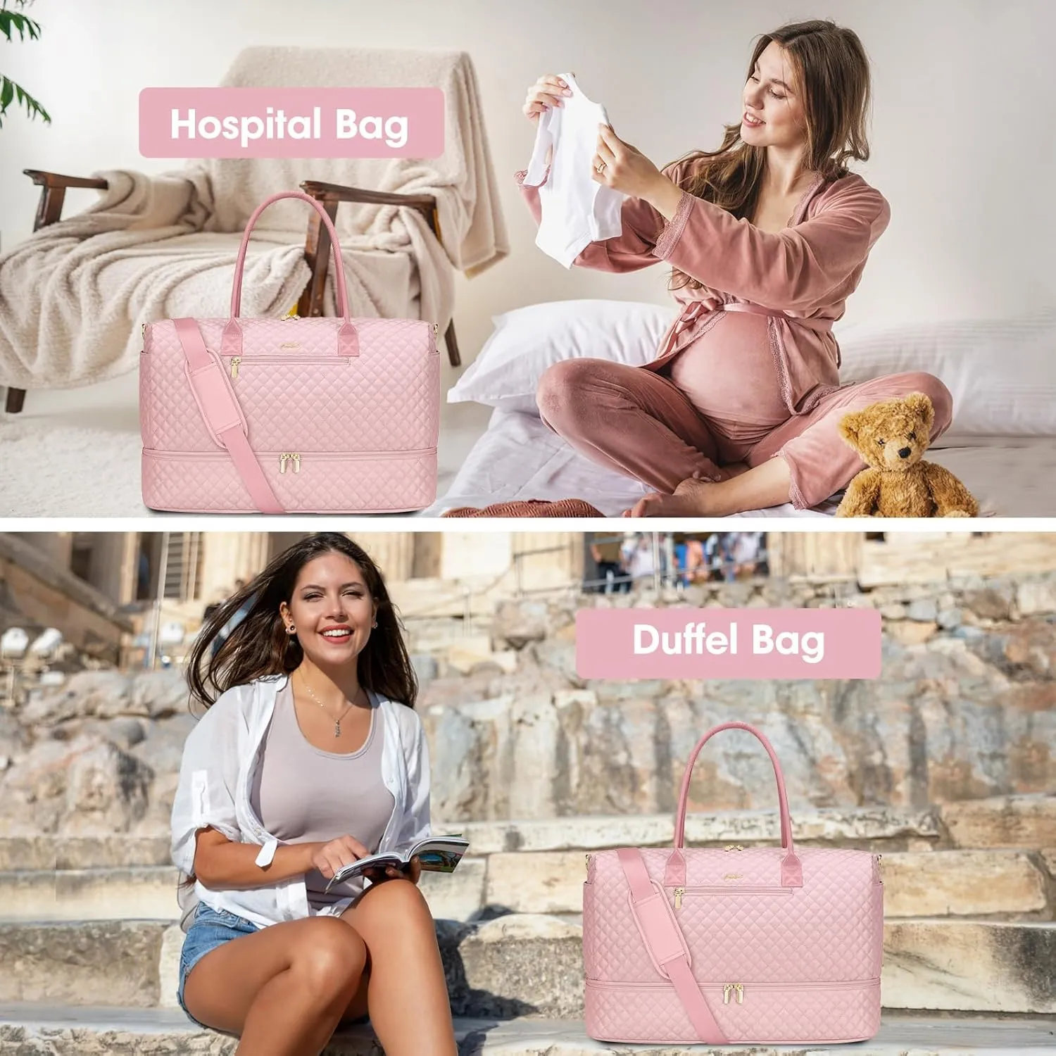 Travel Duffle Bag for Women Weekender Overnight Bag with Shoe Compartment with Gym with Wet Pocket for Labor and Delivery 3 Pcs Set Pink