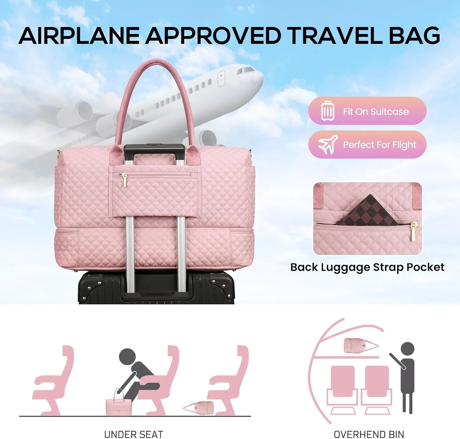 Travel Duffle Bag for Women Weekender Overnight Bag with Shoe Compartment with Gym with Wet Pocket for Labor and Delivery 3 Pcs Set Pink