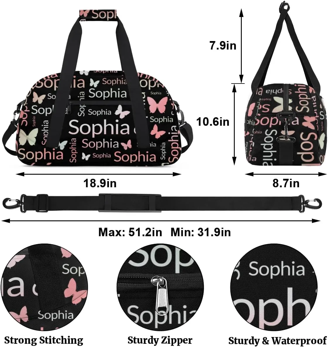 TropicalLife Custom Butterfly Sport Gym Bag Personalized Dance Bag Customized Duffle Bag Travel Duffle Bag for Women Peach Butterfly