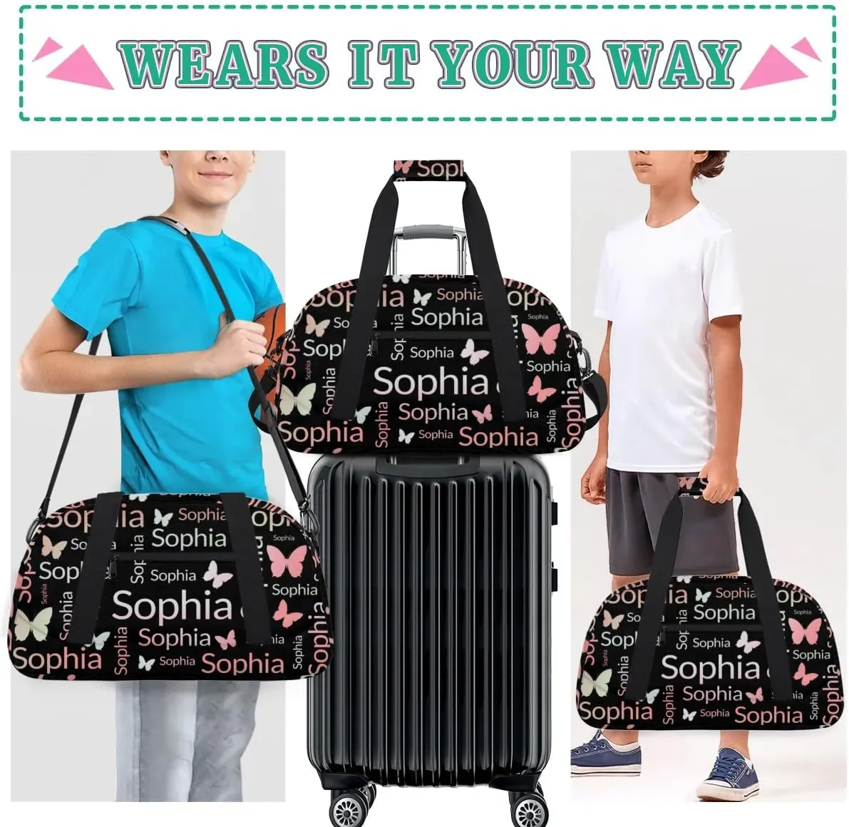 TropicalLife Custom Butterfly Sport Gym Bag Personalized Dance Bag Customized Duffle Bag Travel Duffle Bag for Women Peach Butterfly