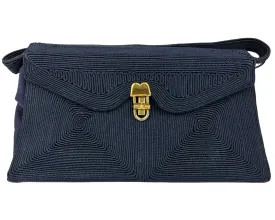 Vintage 1940s Small Corde Handbag Purse Navy Blue - VFG