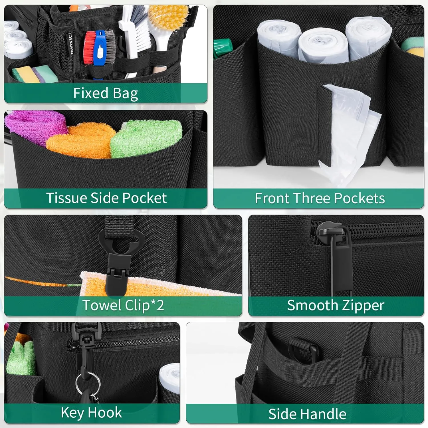 Wearable Cleaning Caddy Bag for Cleaning Supplies, Large Capacity Cleaning Organizer Tote Bag Kitchen Cleaning Supplies Storage Bag for Cleaners Housekeepers (Black)