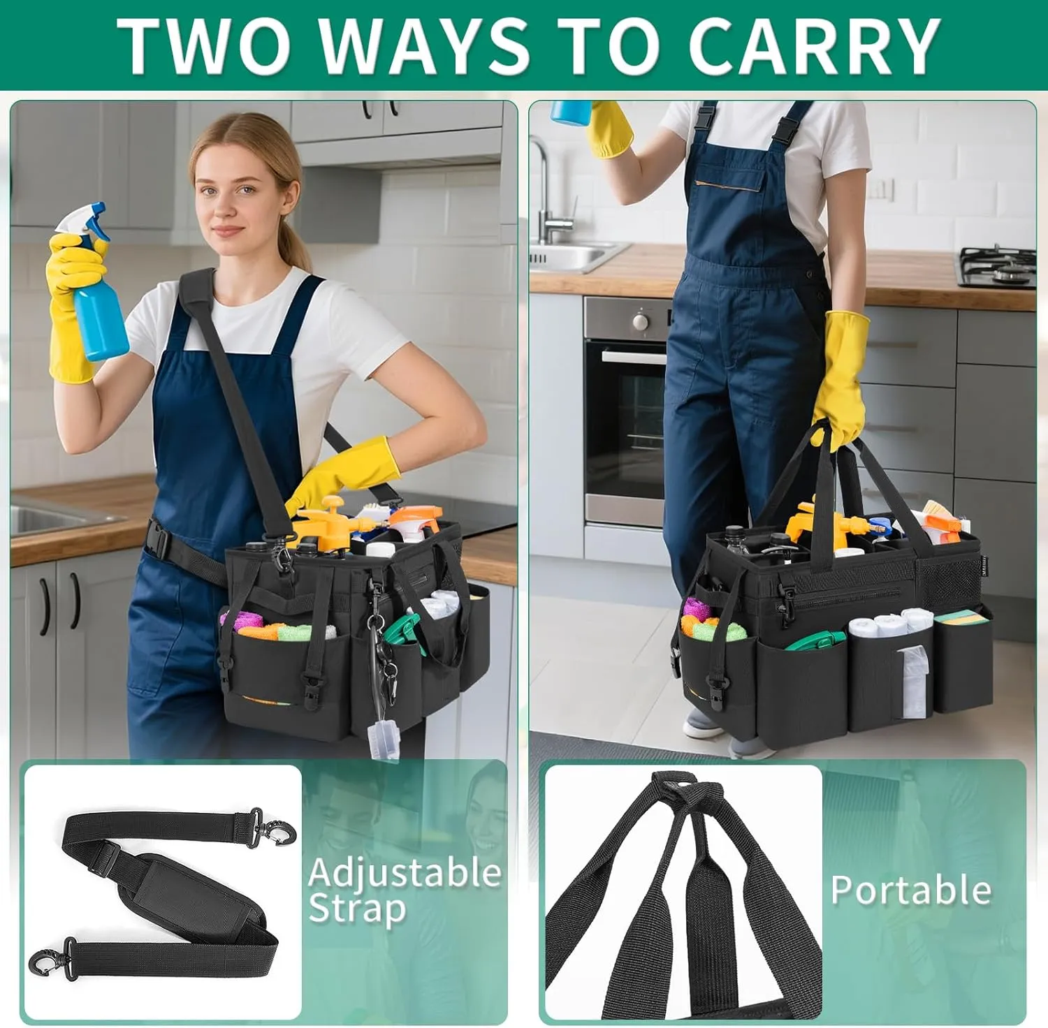 Wearable Cleaning Caddy Bag for Cleaning Supplies, Large Capacity Cleaning Organizer Tote Bag Kitchen Cleaning Supplies Storage Bag for Cleaners Housekeepers (Black)