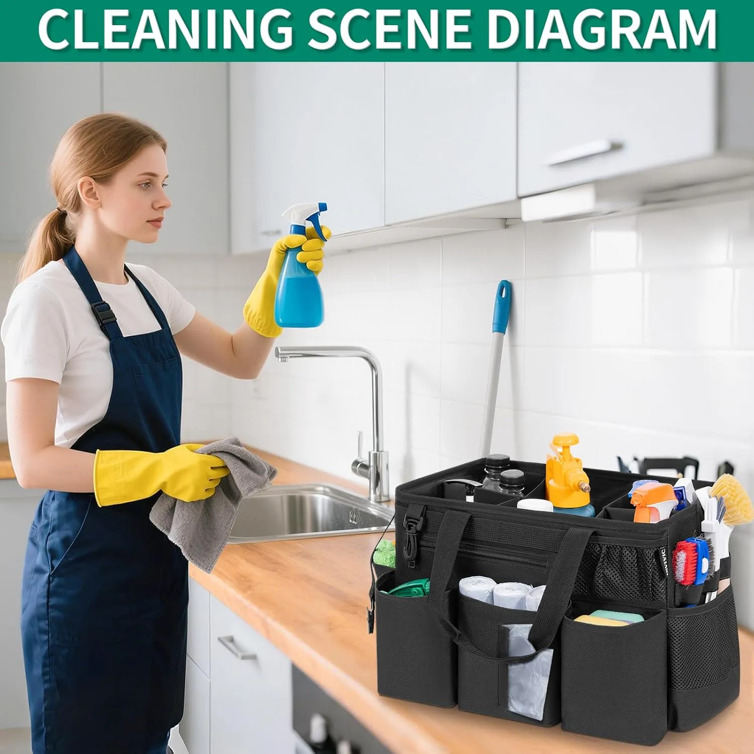 Wearable Cleaning Caddy Bag for Cleaning Supplies, Large Capacity Cleaning Organizer Tote Bag Kitchen Cleaning Supplies Storage Bag for Cleaners Housekeepers (Black)