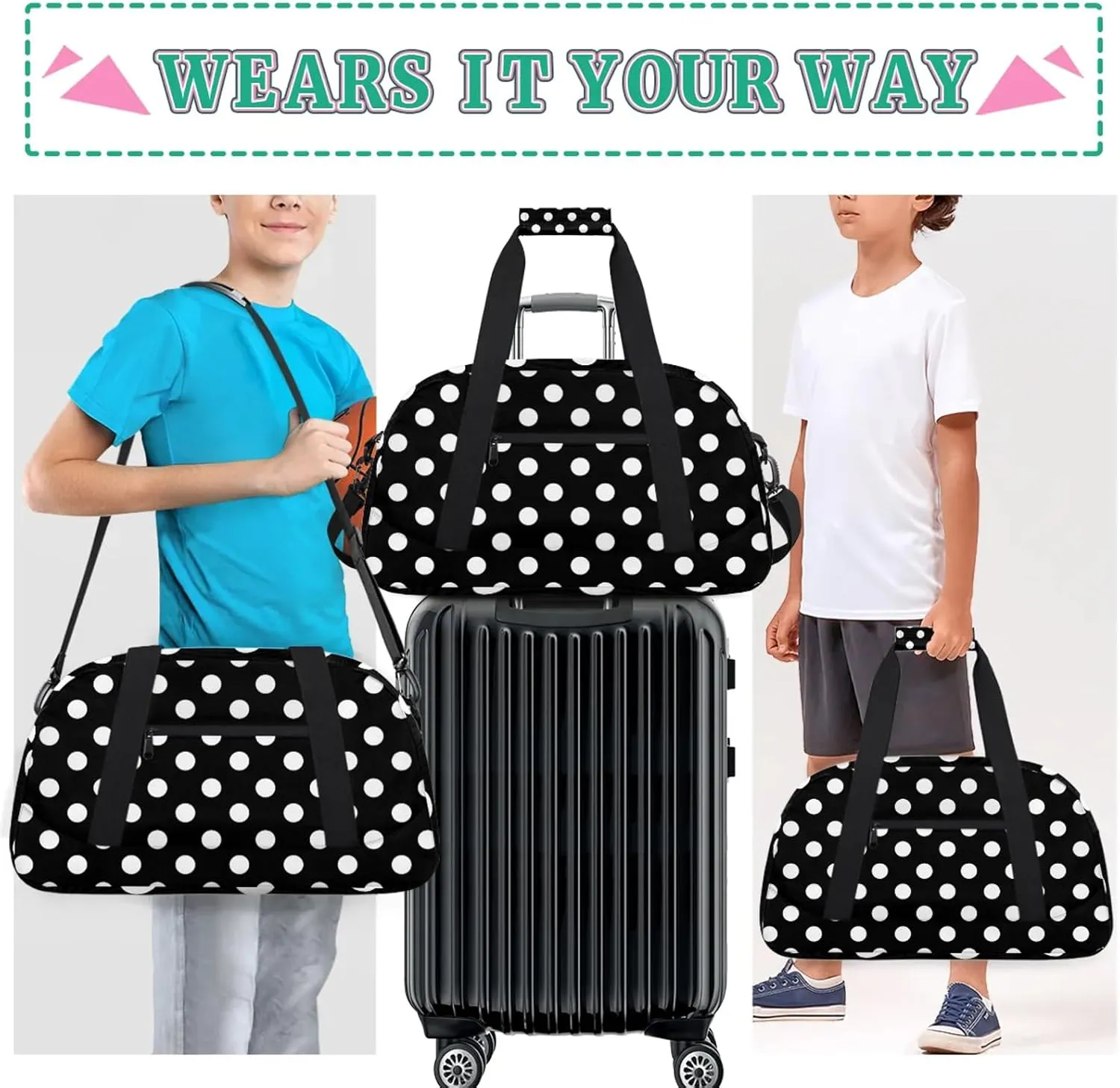 White and Black Polka Dot 18 inch Small Gym Bag for Women and Men, Lightweight Carry On Weekender Bag Mini Duffel Bag for Travel Sports Workout