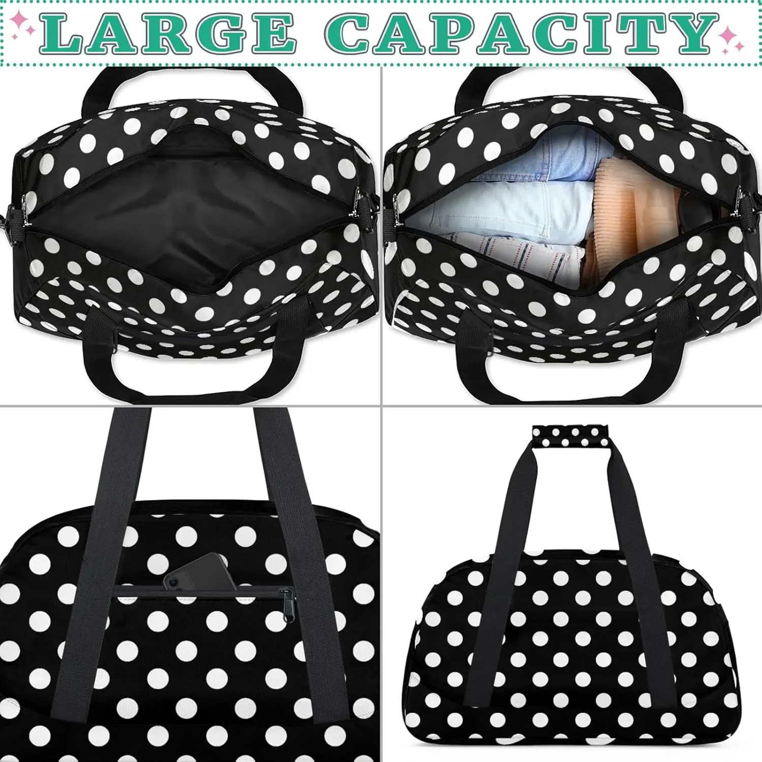 White and Black Polka Dot 18 inch Small Gym Bag for Women and Men, Lightweight Carry On Weekender Bag Mini Duffel Bag for Travel Sports Workout