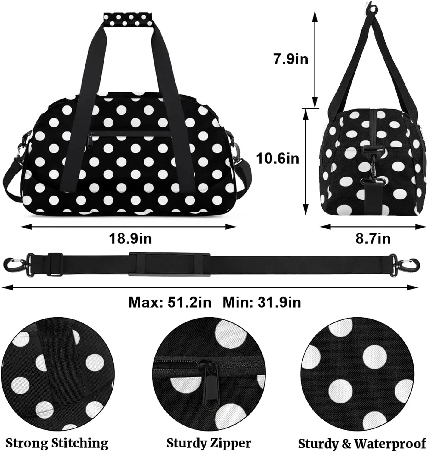 White and Black Polka Dot 18 inch Small Gym Bag for Women and Men, Lightweight Carry On Weekender Bag Mini Duffel Bag for Travel Sports Workout