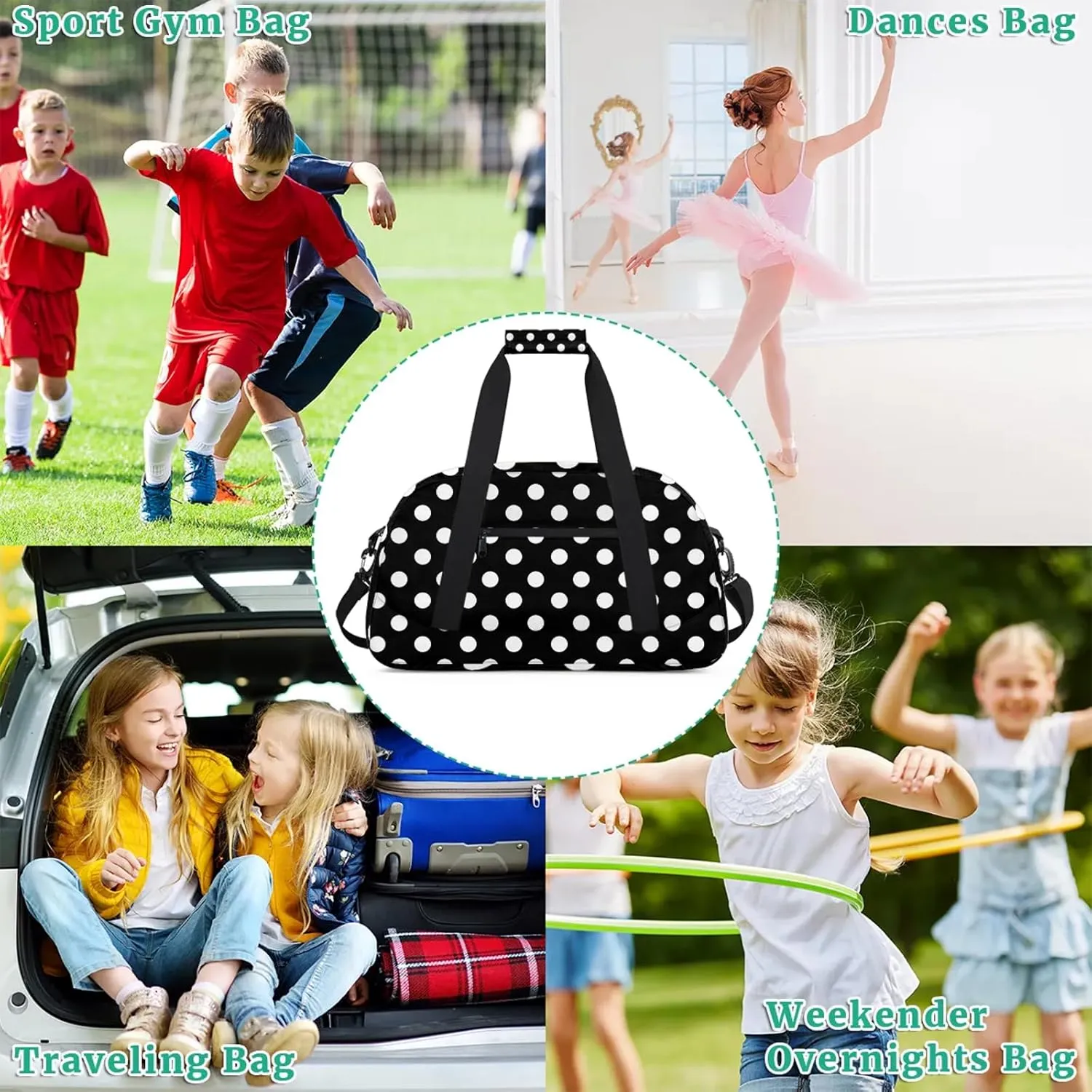 White and Black Polka Dot 18 inch Small Gym Bag for Women and Men, Lightweight Carry On Weekender Bag Mini Duffel Bag for Travel Sports Workout