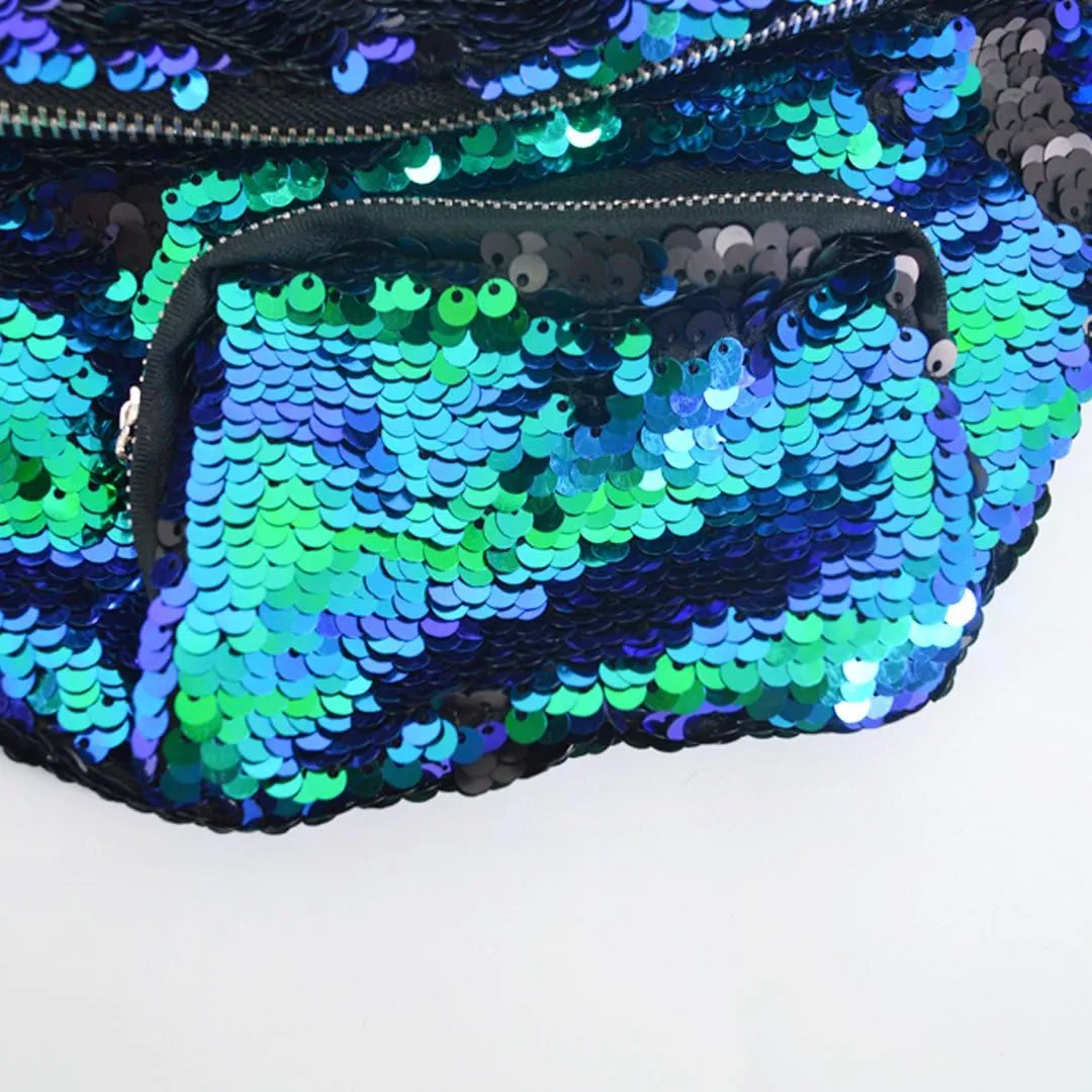 Women Men Glitter Mermaid Sequins Fanny Pack Contrast Color Rave Beach Waist Bag Chest Pack Corss-body Bag Purse Pouch Champagne Gold, Black