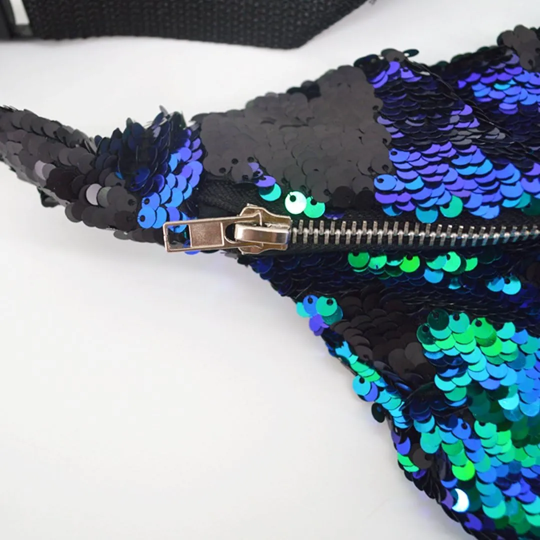 Women Men Glitter Mermaid Sequins Fanny Pack Contrast Color Rave Beach Waist Bag Chest Pack Corss-body Bag Purse Pouch Champagne Gold, Black