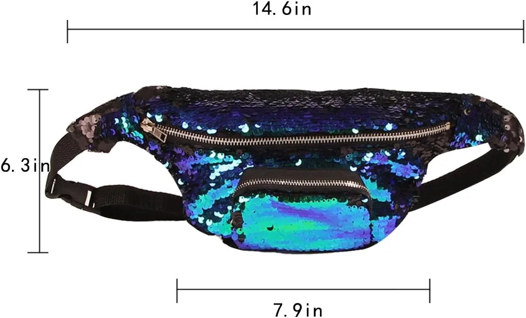 Women Men Glitter Mermaid Sequins Fanny Pack Contrast Color Rave Beach Waist Bag Chest Pack Corss-body Bag Purse Pouch Champagne Gold, Black