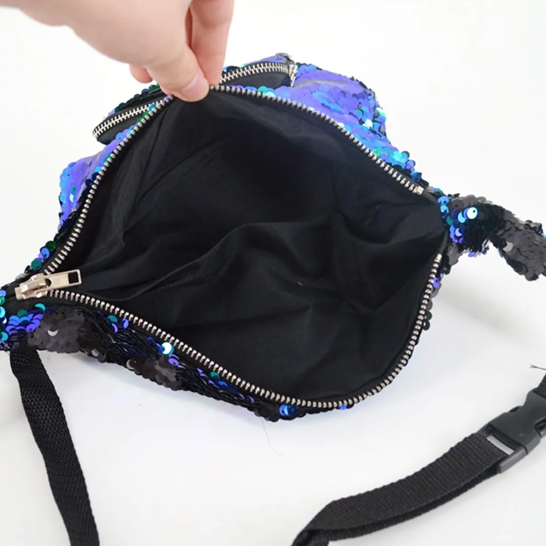 Women Men Glitter Mermaid Sequins Fanny Pack Contrast Color Rave Beach Waist Bag Chest Pack Corss-body Bag Purse Pouch Champagne Gold, Black
