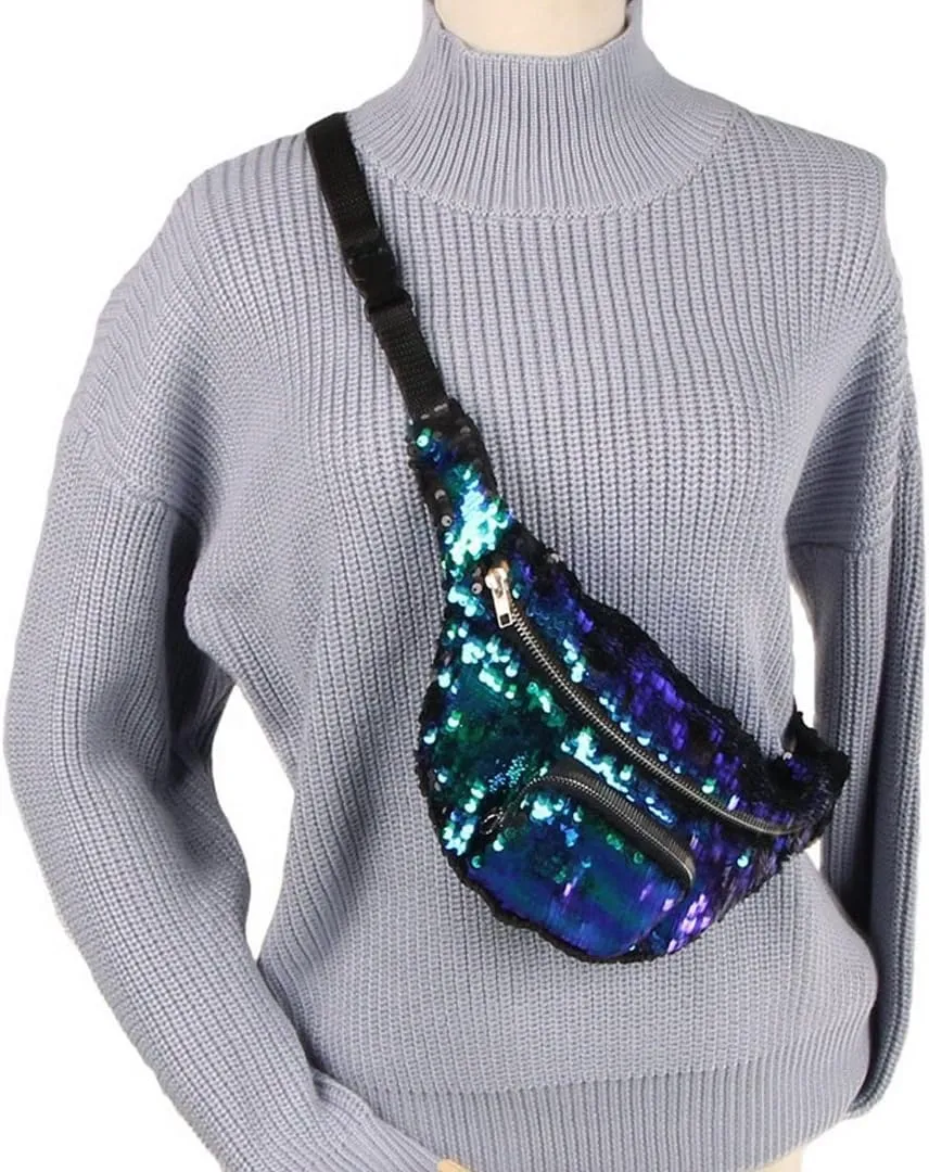 Women Men Glitter Mermaid Sequins Fanny Pack Contrast Color Rave Beach Waist Bag Chest Pack Corss-body Bag Purse Pouch Champagne Gold, Black