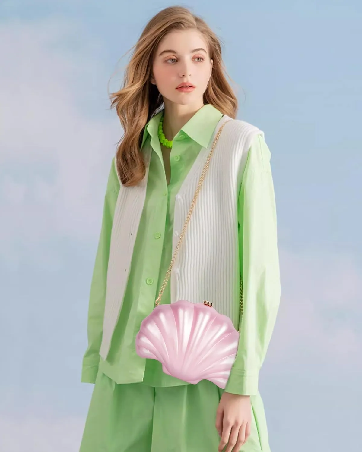 Women Seashell Evening Bag Purse Mermaid Chain Strap Clutch Handbag Shoulder Bag